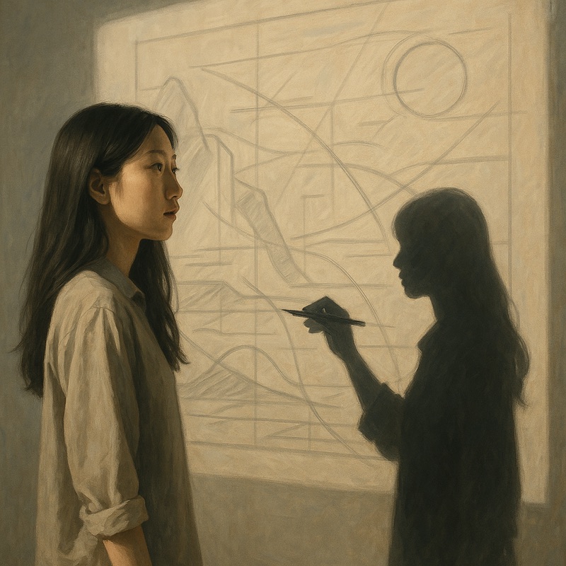 An East Asian female artist stands in front of a large wall drawing while her shadow appears to draw independently with a stylus on the same projection.