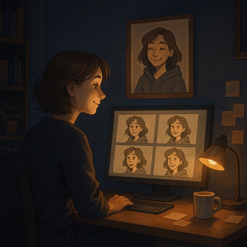 A White female artist works in a dimly lit studio, smiling at her computer monitor showing multiple animated versions of the same character beside a framed illustration.