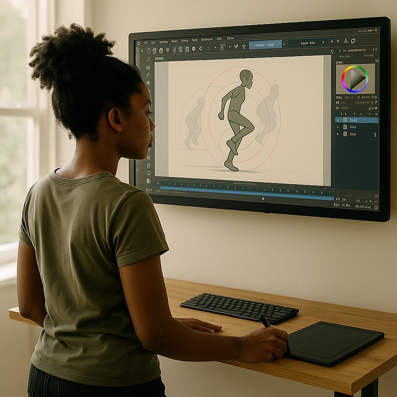 Black female animator standing at a wall-mounted monitor, reviewing a looping character animation in Krita, with motion arcs and onion-skin layers visible on screen, tablet and keyboard on desk.