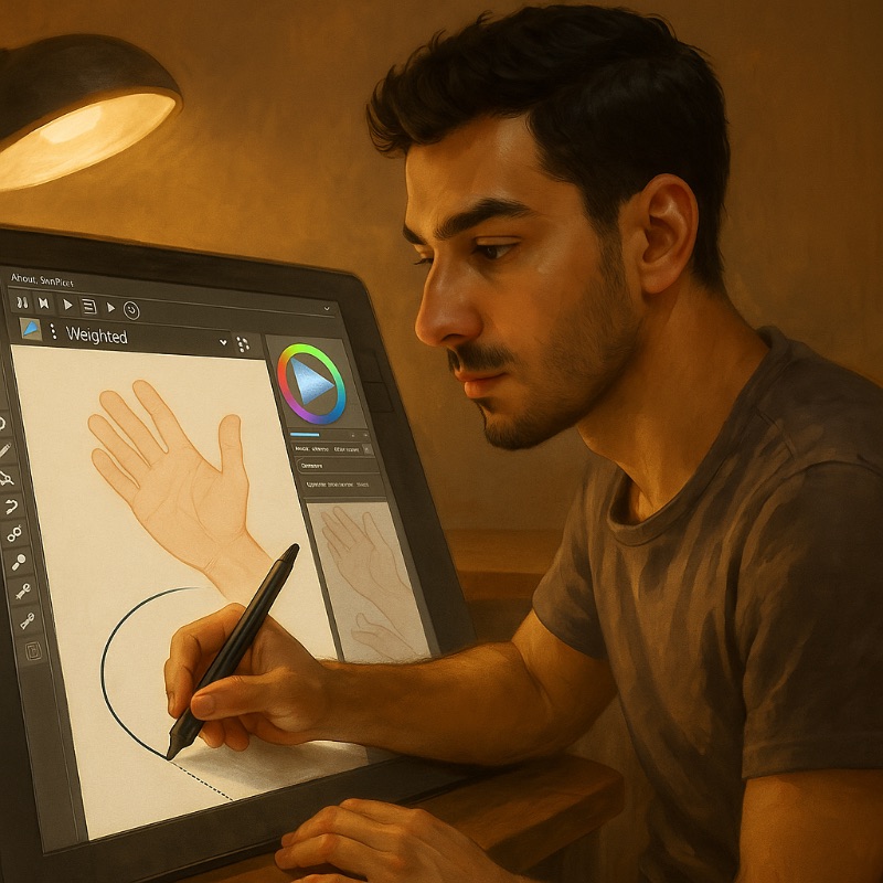 Middle Eastern male animator using a display tablet to draw an arcing line in Krita, screen showing a hand sketch and weighted stabilizer setting, warm desk light.