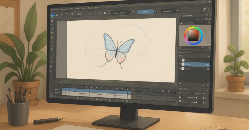 Krita animation workspace showing a butterfly sketch with motion arcs on a modern artist’s desk.