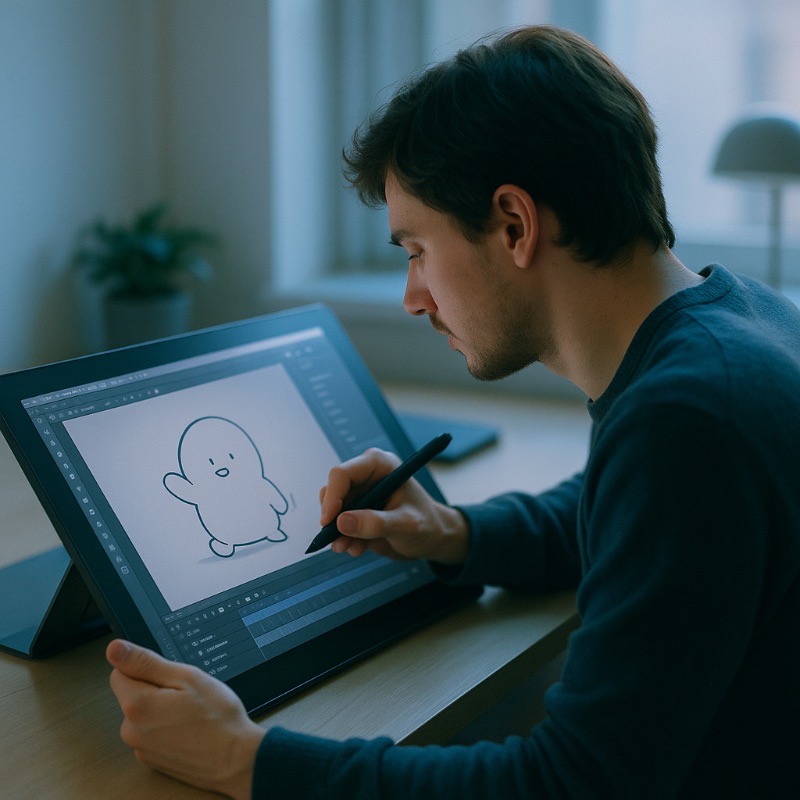 Artist using a drawing tablet to animate a simple rounded character waving on screen in a bright studio.