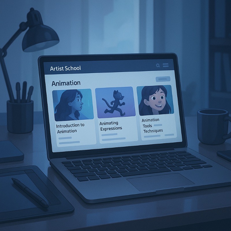 Laptop on a desk displaying the Artist School animation course dashboard under cool blue lighting.