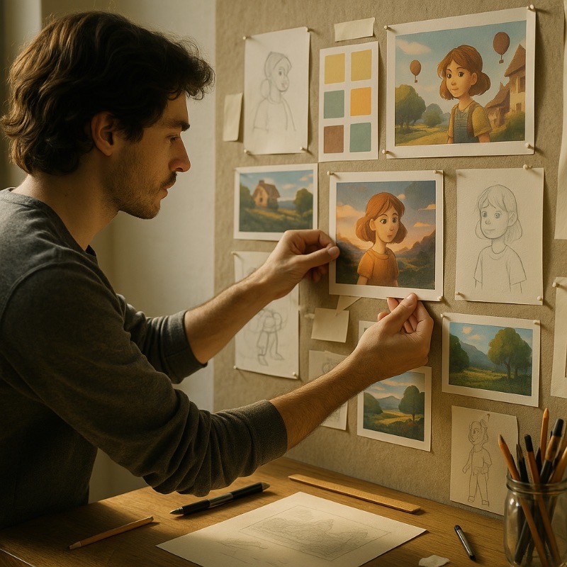 Artist arranging printed character sketches and color swatches on a mood board for an animation project.